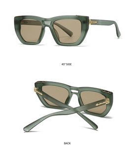 Detail of square sunglasses with olive green frames, gold hinges and amber brown lenses