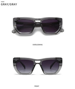 Detail view showing gray translucent square frames and gradient lenses of sunglasses