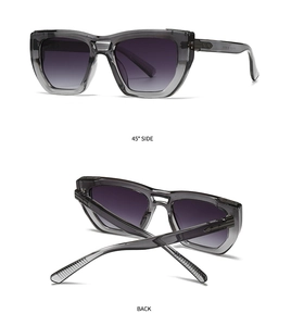 Detail view of square sunglasses with translucent grey frame and purple gradient lenses