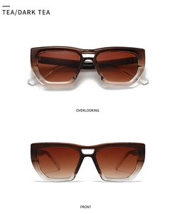 Detailed front and top views of retro square sunglasses in tea gradient acetate frame