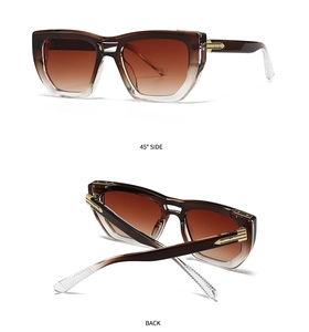 Close-up of brown gradient lenses and gold metal hinge detail on fashion square sunglasses