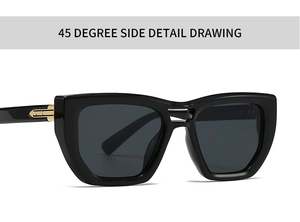 Detailed 45-degree view of square black frame sunglasses with gold hinge accents