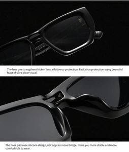 Detail of square sunglasses showing silicone nose pads and durable black frame finish