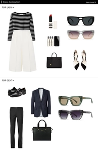 Flat lay of square sunglasses paired with stylish business casual clothing outfits