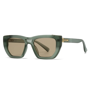 Modern square matte dark green sunglasses with brown lenses and gold metal hinges