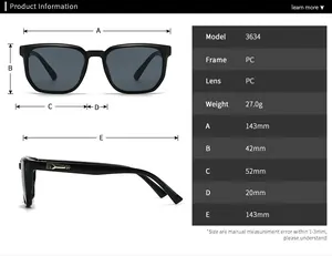 Detailed sizing chart and technical specifications for square PC frame sunglasses