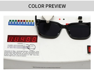 Dettaglio di occhiali da sole neri quadrati su un tester UV400 per protezione lenti