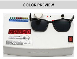 Close-up showing UV400 protection testing for black square frame sunglasses on sensor