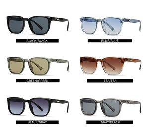 Detail view of square sunglasses in six diverse frame colors with metallic temple accents