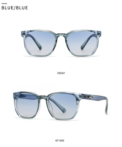 Front and side view of square sunglasses with blue gradient lenses and transparent blue frames