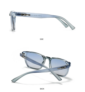 Detail view of translucent blue rectangular frame with silver arrow hinge decoration