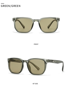 Front and side view of square green translucent sunglasses with arrow metal trim
