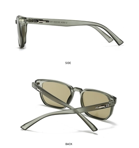 Detail view of square sunglasses showing side and back angles with silver metal hinges