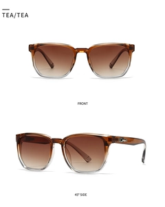 Front and 45-degree side views of retro square sunglasses with tea gradient lenses