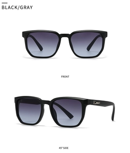 Front and side view of square black sunglasses with gradient lenses and silver metal trim
