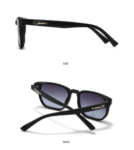 Detail views showing the side and back of black square sunglasses with silver accents