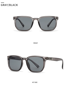 Detail view of square gray translucent sunglasses with side silver geometric metal accent