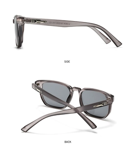 Detail view of transparent grey square sunglasses with model U-3034 and metal hinge accents