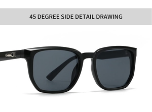 45-degree side view of classic square black sunglasses with silver geometric temple details