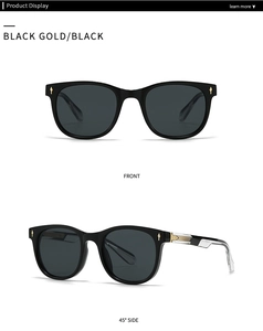 Detailed front and side views of vintage black sunglasses with gold arrow hinges