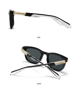 Detailed side and back view of retro sunglasses with gold and acetate mixed temples