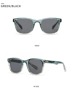 Vertical view of translucent green sunglasses with gold studs and dark grey lenses