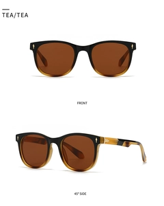Detail view of tea brown lenses and tortoise temples with golden diamond rivets