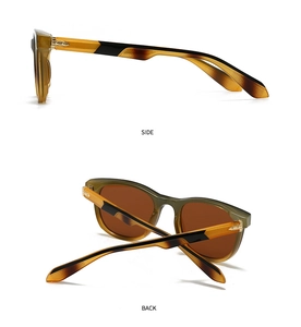 Detailed side and back view of retro sunglasses with tricolor patchwork temple design