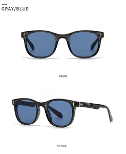 Front and 45-degree side macro view of gray translucent frame sunglasses with blue lenses