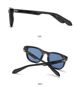 Detail of trendy small frame sunglasses featuring translucent grey frames and blue lenses
