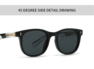 Side view detail of black rectangular sunglasses with gold diamond rivets and clear temples
