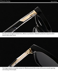 Detail of sturdy metal hinge and gold inner temples on vintage black sunglasses