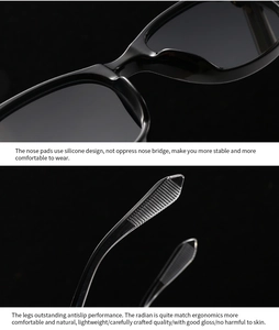 Detail of ergonomic silicone nose pads and anti-slip temples on black sunglasses