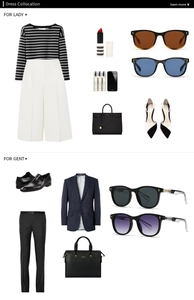 Flat lay of retro small frame sunglasses paired with modern business fashion outfits