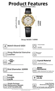 Detailed specs of Gedi vintage quartz watch featuring leather strap and Roman numerals