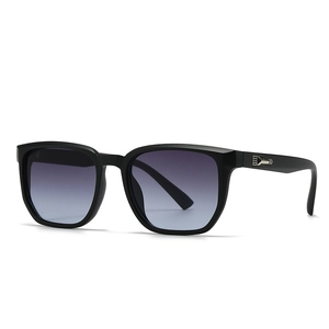 Square black frame sunglasses with gradient grey-to-blue lenses and silver metal accents