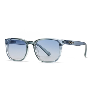 Modern square blue transparent sunglasses with gradient lenses and silver metal hinges