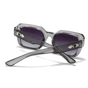 Detail of square sunglasses with translucent grey frame and silver arrow temple decor