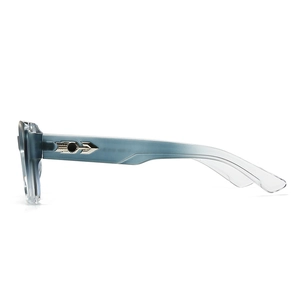 Detail of square glasses frame with gradient blue temples and silver arrow metal accents