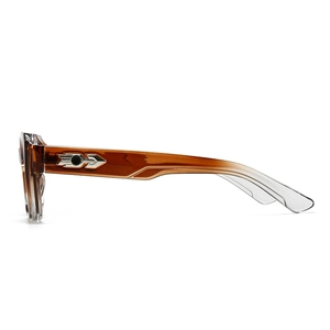 Side view of square sunglasses featuring amber gradient temples and silver arrow metal detail
