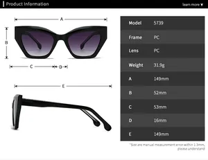 Detailed size chart for retro cat eye sunglasses showing 149mm frame width and PC lens specs