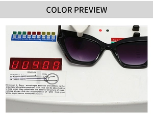 Cat eye sunglasses detail showing UV400 protection test with purple gradient lenses