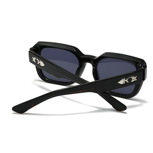 Close-up of black square frame sunglasses with silver metal arrow hinge detail