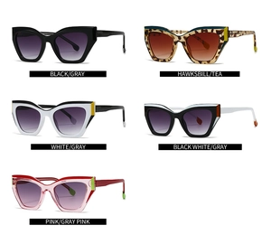 Detailed grid of retro cat-eye sunglasses showcasing five trendy color variations in PC frame