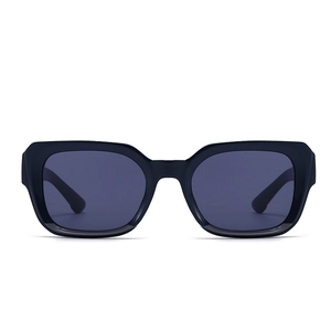 Front view of black square frame sunglasses with dark grey lenses and glossy finish