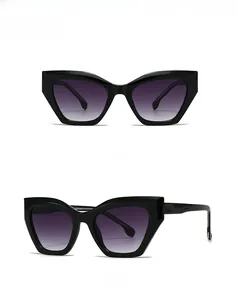 Front and 45-degree side views of black cat-eye sunglasses with purple gradient lenses