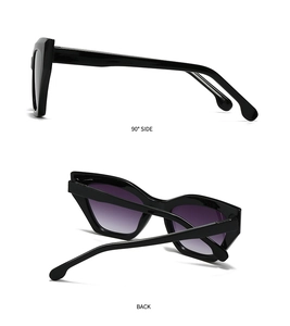 Detailed views of black vintage sunglasses with gradient purple lenses and 90-degree side profile