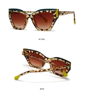 Detail view showing 45-degree side and back of tortoiseshell cat-eye sunglasses with cyan accents