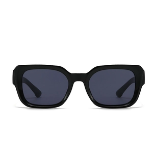 Front view of black square frame sunglasses with wide temples and dark gray lenses