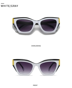 Dual-view of cat eye sunglasses with color-block frames and purple gradient lenses